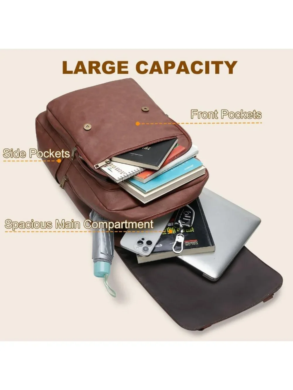 Vintage Waterproof Leather Backpack for Men & Women, 15.6